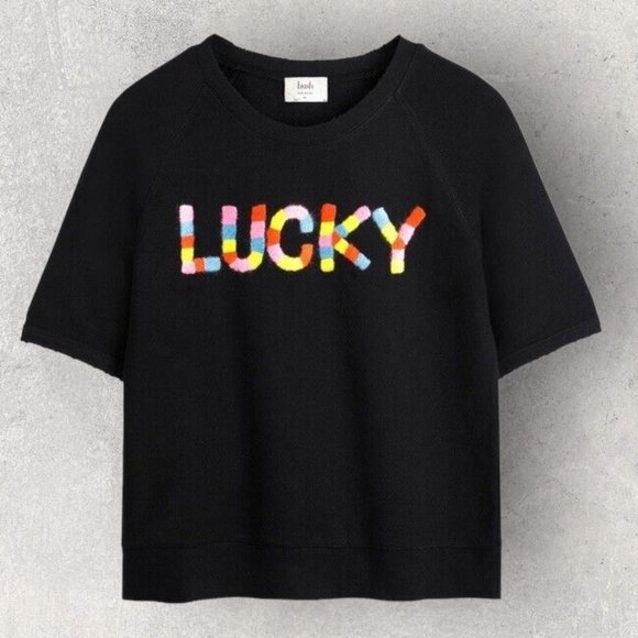Hush Black Lucky Slogan Embroidered Cotton Short Sleeve Sweatshirt Size S UK 8 - Picture 3 of 3